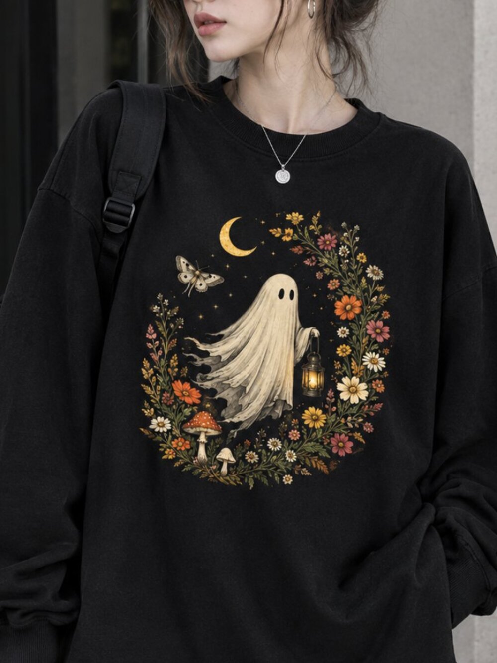 Vintage Ghost Lantern Sweater, Floral Cottagecore Halloween Graphic